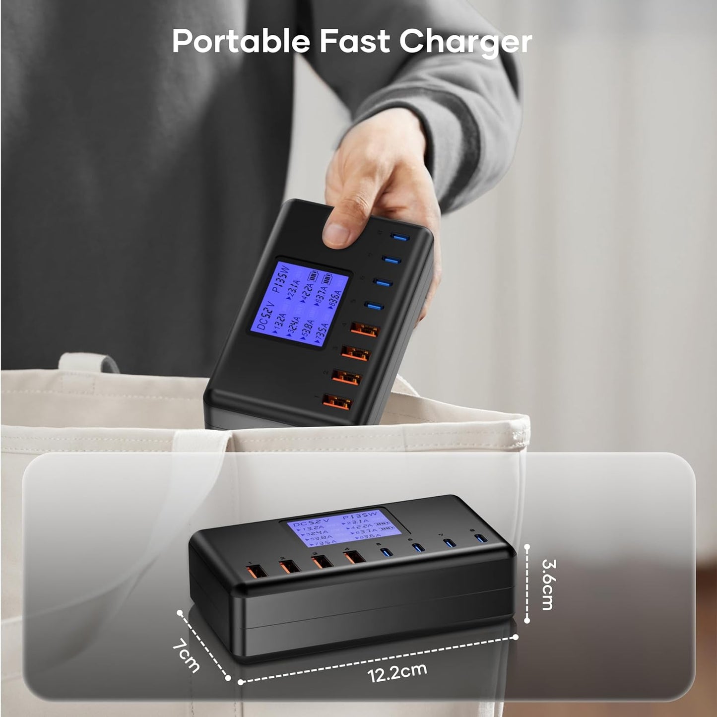 Incarcator retea 152 W USB C cu 8 porturi, Incarcator Quick Charger cu afisaj LED, 4 porturi USB-A si 4 porturi USB-C, incarcare PD, pentru Smartwatches, iPhone iPad Samsung