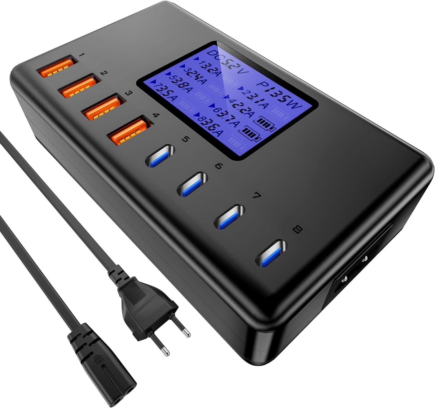 Incarcator retea 152 W USB C cu 8 porturi, Incarcator Quick Charger cu afisaj LED, 4 porturi USB-A si 4 porturi USB-C, incarcare PD, pentru Smartwatches, iPhone iPad Samsung