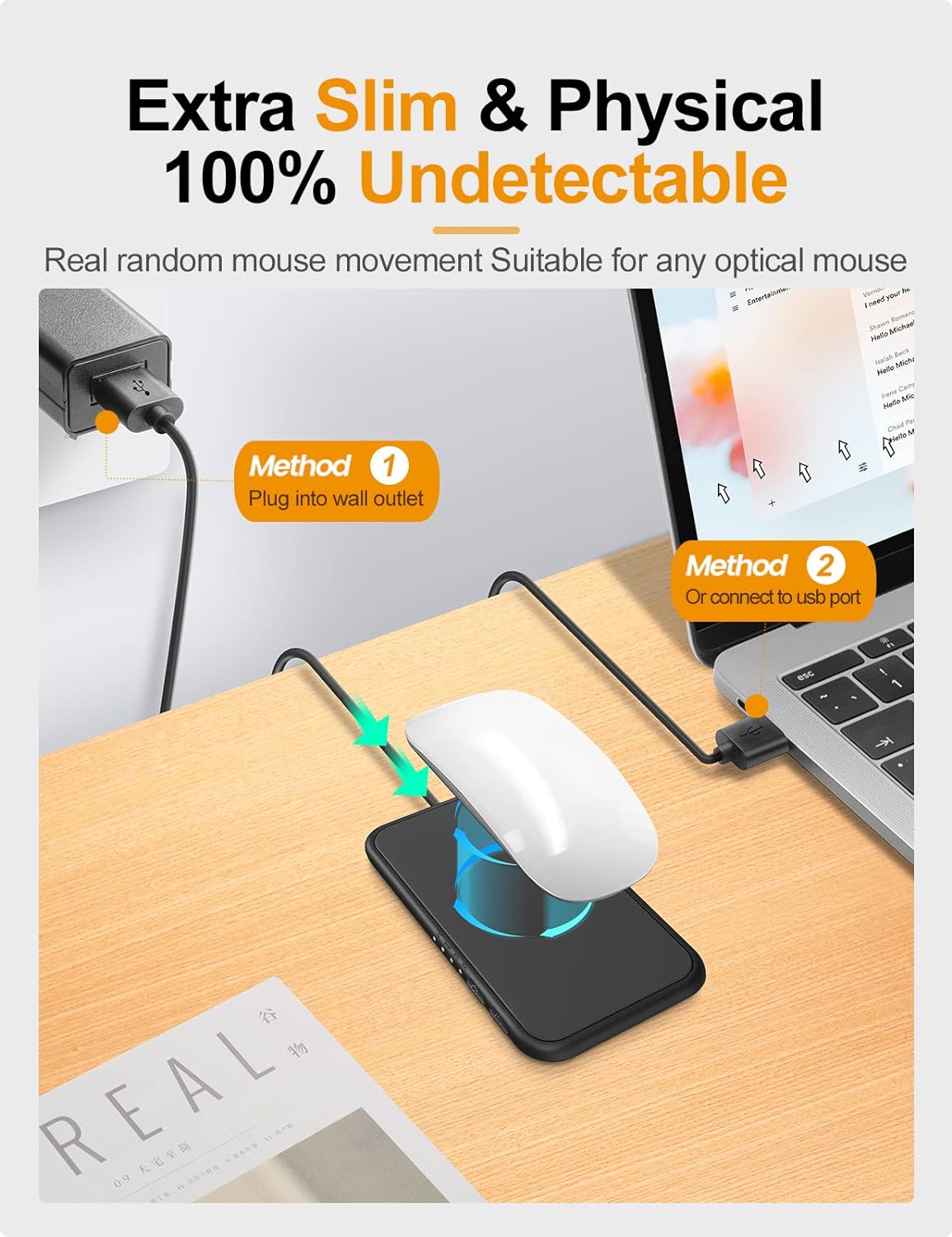 Mouse jiggler mecanic, ultra subtire si silentios , plug & play, miscare aleatorie, alimentare USB, buton pornire/oprire, temporizator, simuleaza miscarea mouseului, portabil, negru