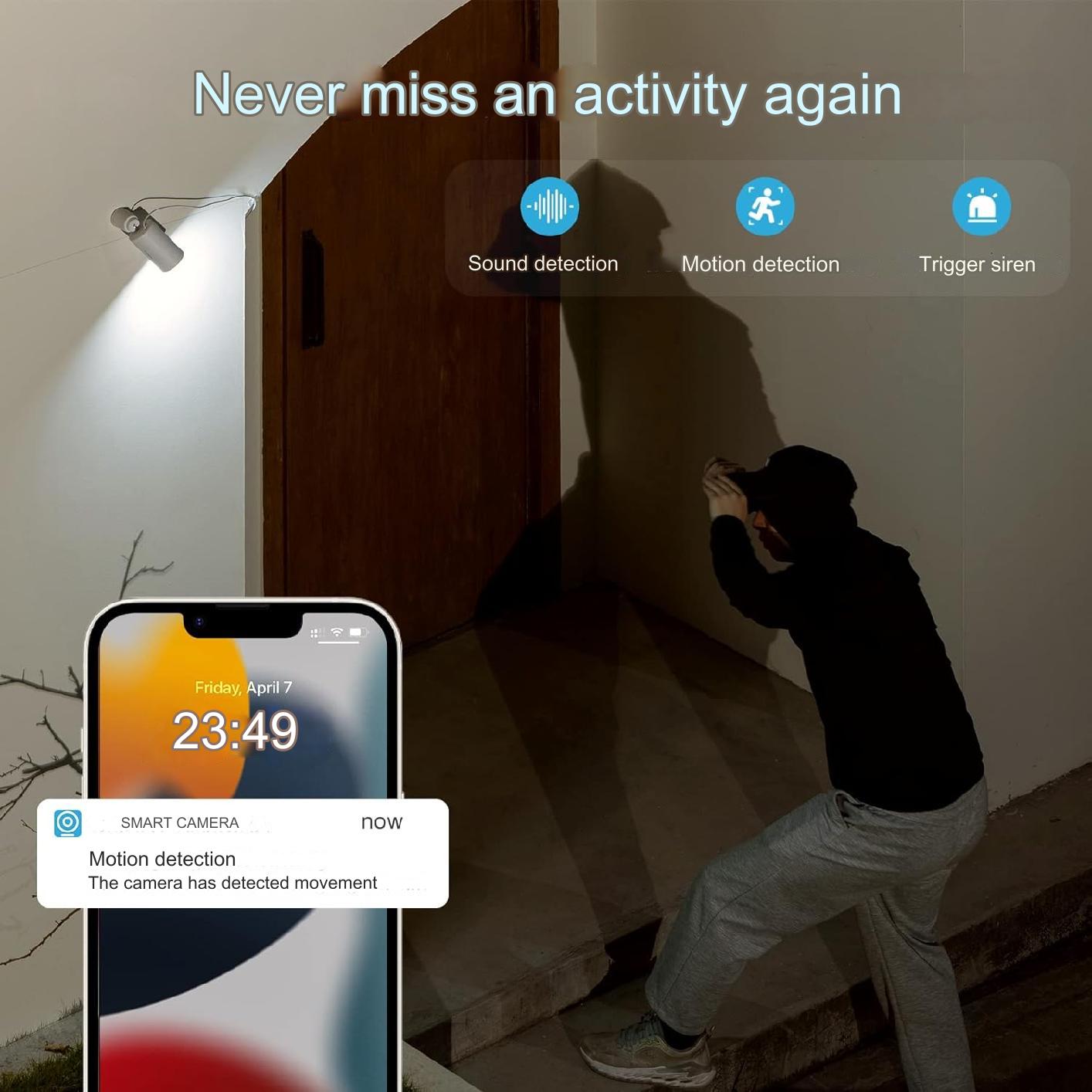 Camera Supraveghere WiFi, 2K, 4MP, 2560x1440, detectare si urmarire umana AI, difuzor incorporat, Slot Card SD,  Comunicare Biredictionala, Intelligent tracking, PTZ, Vedere nocturna 10 m, impermeabila IP65, Senzor Miscare, Lumina LED, Alarma, Alb