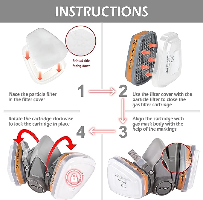 Masca respiratorie AirGearPro G-500 cu filtru A1P2 si P2, semimasca protectie cu sistem dublu de filtrare, pentru vopsire, slefuire, constructii, praf fin, gaze si vapori, reutilizabila, cu curele reglabile