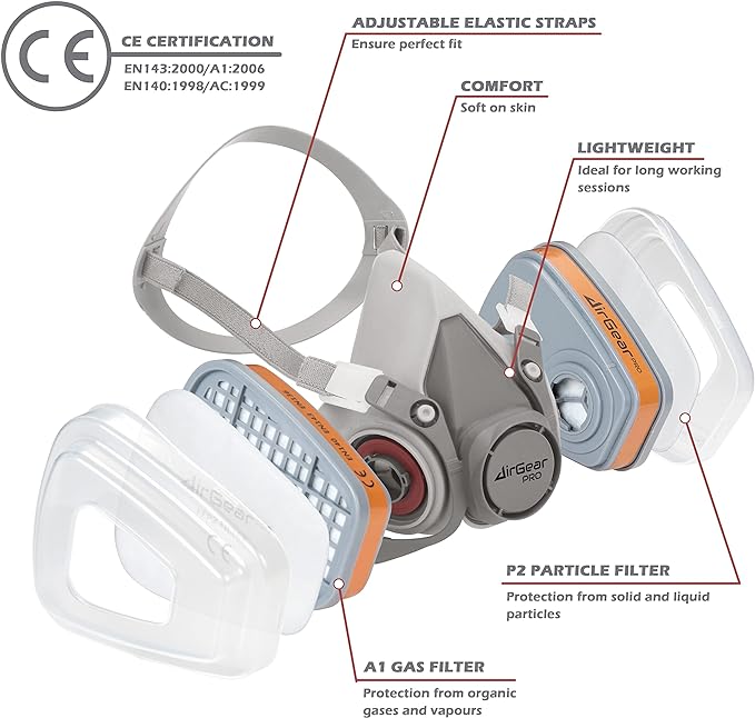 Masca respiratorie AirGearPro G-500 cu filtru A1P2 si P2, semimasca protectie cu sistem dublu de filtrare, pentru vopsire, slefuire, constructii, praf fin, gaze si vapori, reutilizabila, cu curele reglabile