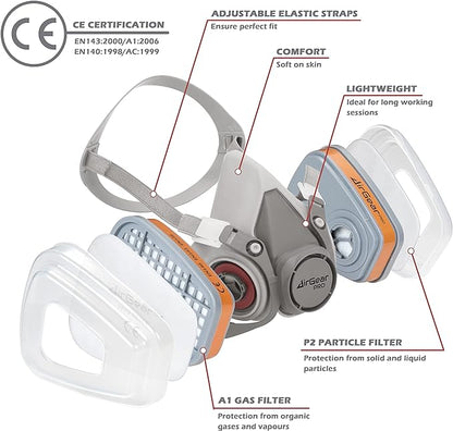 Masca respiratorie AirGearPro G-500 cu filtru A1P2 si P2, semimasca protectie cu sistem dublu de filtrare, pentru vopsire, slefuire, constructii, praf fin, gaze si vapori, reutilizabila, cu curele reglabile