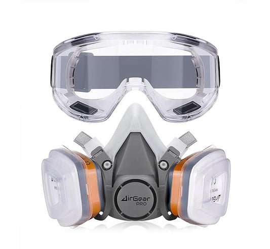 Masca respiratorie AirGearPro G-500 cu filtru A1P2 si P2, semimasca protectie cu sistem dublu de filtrare, pentru vopsire, slefuire, constructii, praf fin, gaze si vapori, reutilizabila, cu curele reglabile