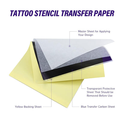 Set 40 hartii A4 de transfer pentru tatuaje, profesionale, din 4 straturi, pentru imprimanta si desenare manuala, 29.7 x 21 cm