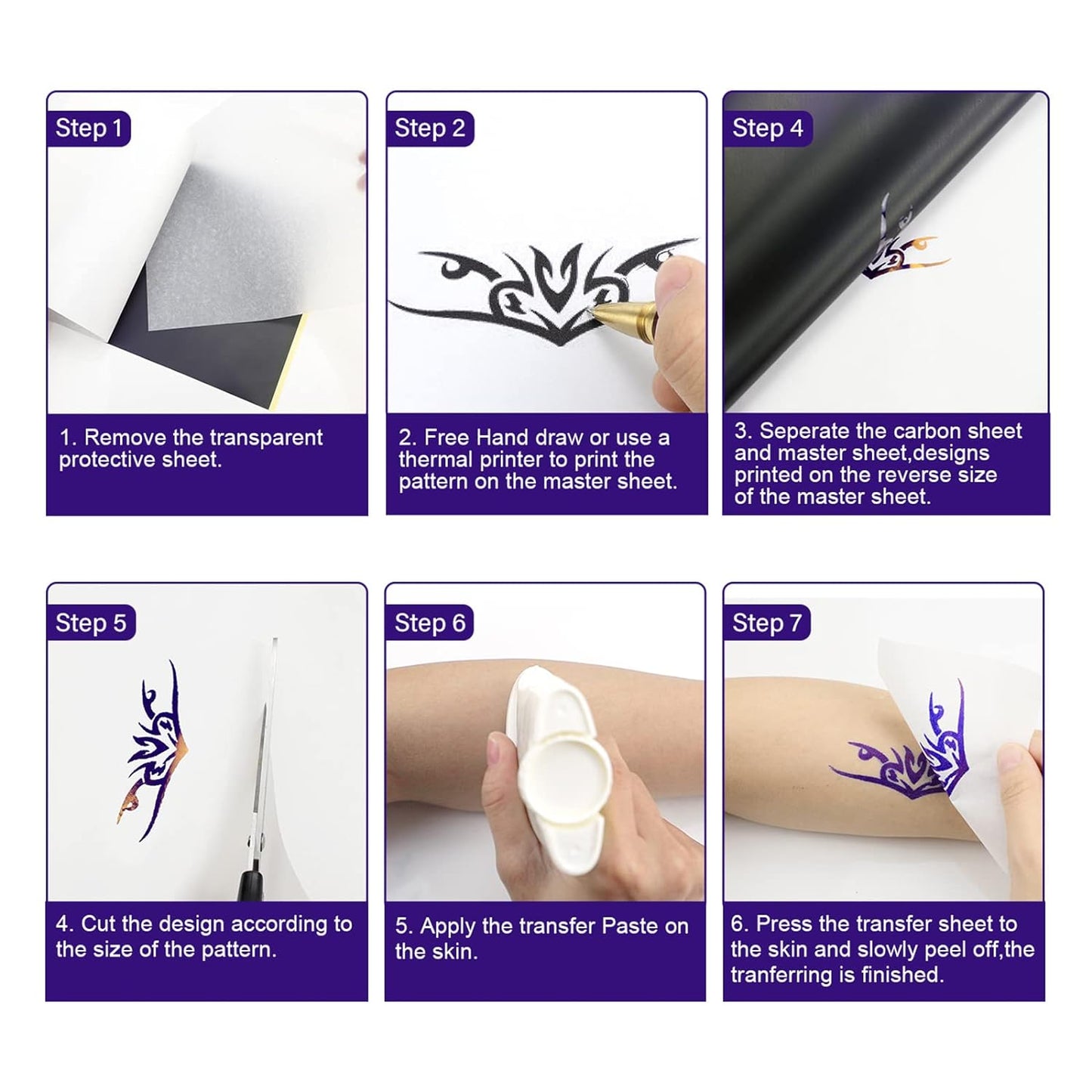 Set 40 hartii A4 de transfer pentru tatuaje, profesionale, din 4 straturi, pentru imprimanta si desenare manuala, 29.7 x 21 cm