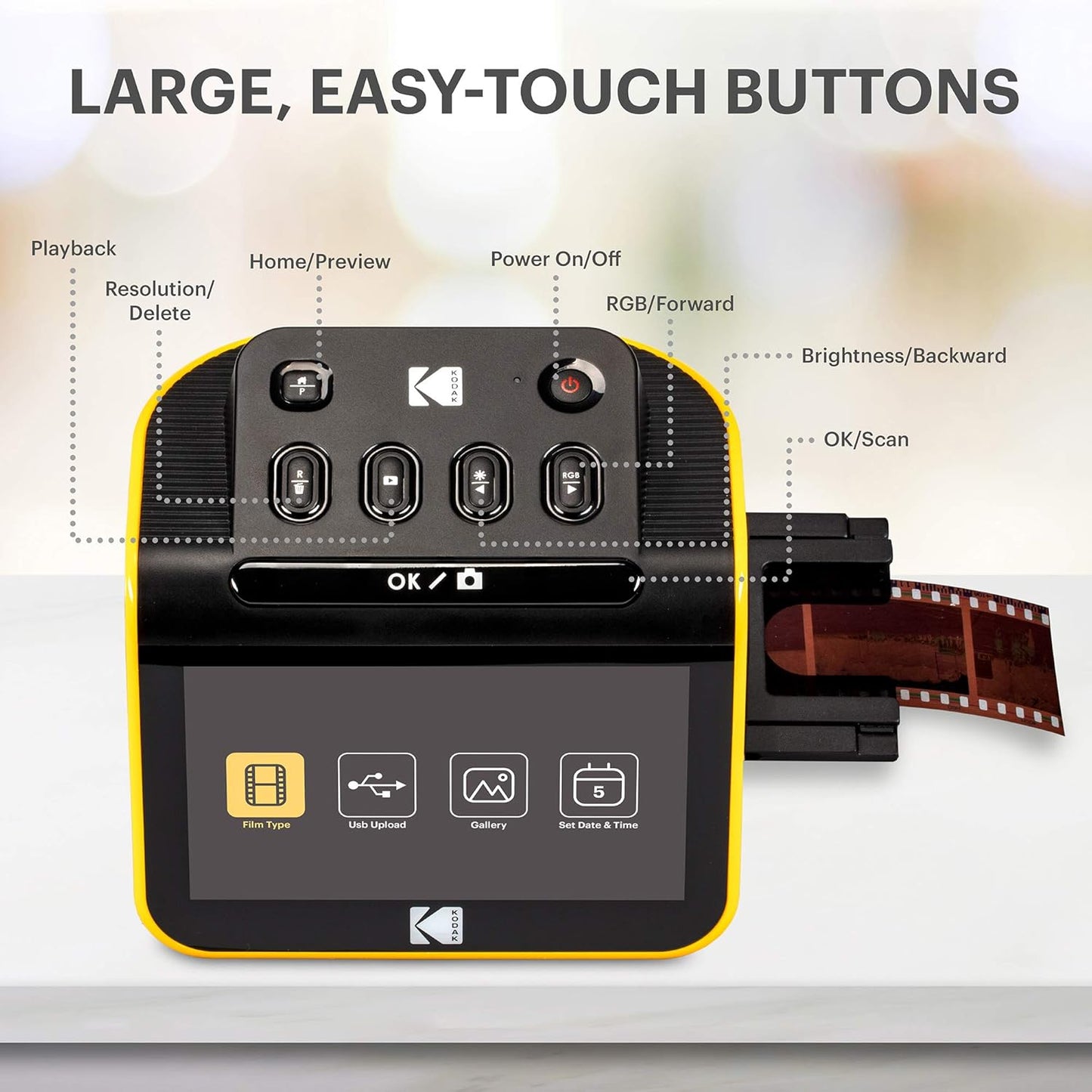 Scanner de film si diapozitive cu ecran LCD de 5 inch, 14/22 mp, compatibil film color si alb-negru, functie incarcare continua, editare foto, cu slot card SD sau SDHC, negru