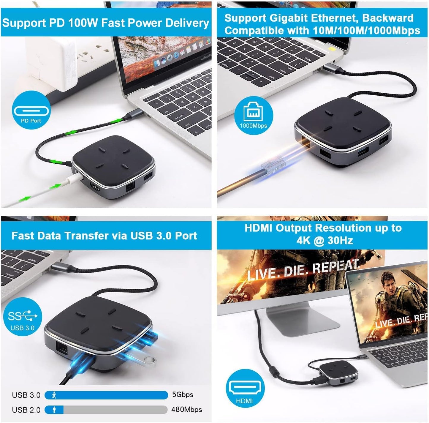 Hub adaptor USB-C, statie de andocare 9 in 1cu HDMI 4K, LAN RJ45, PD 100W, 3 USB-A 3.0, Cititor SD / TF, pentru transfer de date USB-C