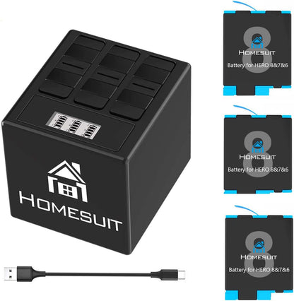 Set 3 acumulatori 1500 mAh pentru GoPro Hero 8, Hero 7, Hero 6 si statie de incarcare cu 3 sloturi, indicator LCD, cablu USB si port USB C, Compatibil cu GoPro Hero 8 Black, Hero 7 Black, Hero 6 Black