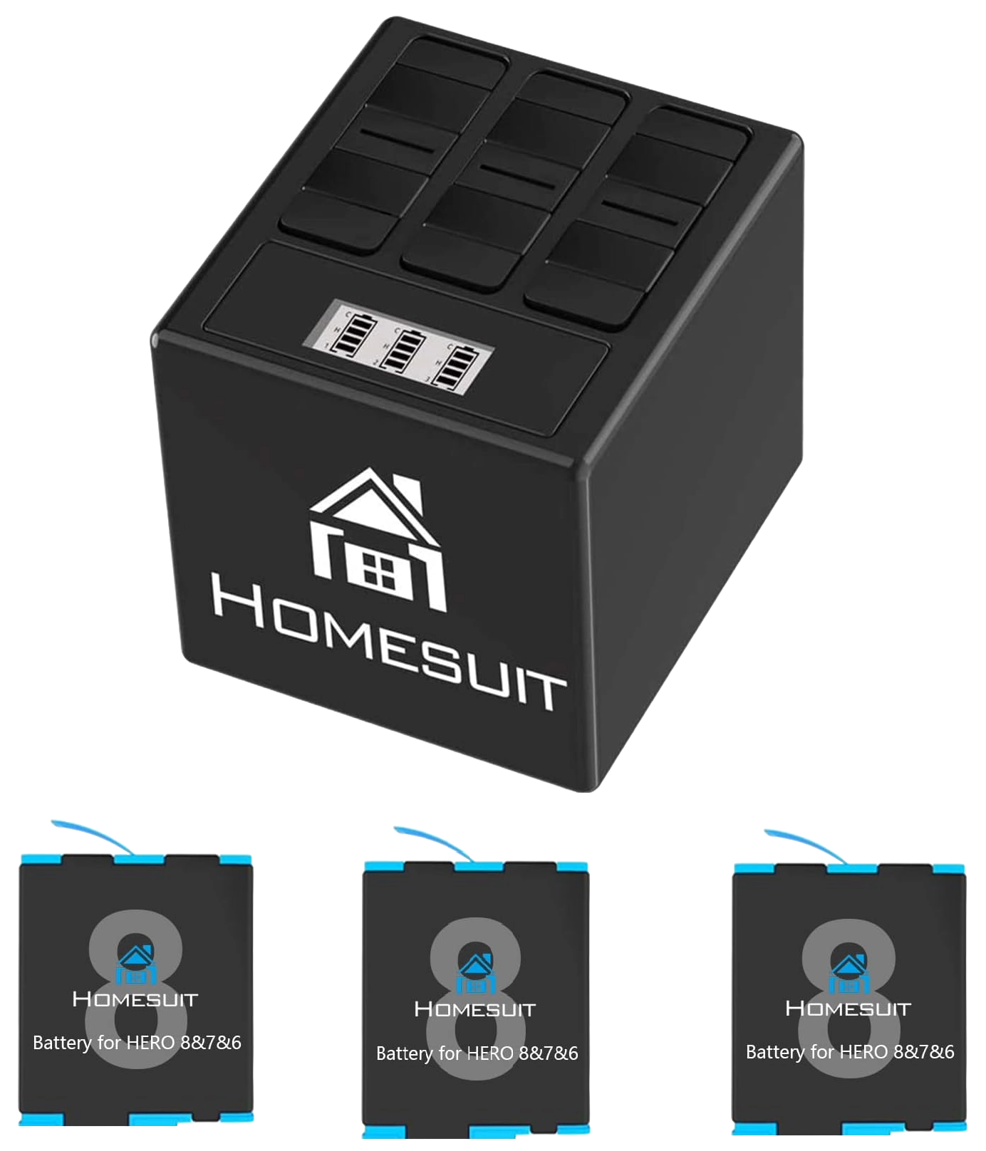 Set 3 acumulatori 1500 mAh pentru GoPro Hero 8, Hero 7, Hero 6 si statie de incarcare cu 3 sloturi, indicator LCD, cablu USB si port USB C, Compatibil cu GoPro Hero 8 Black, Hero 7 Black, Hero 6 Black