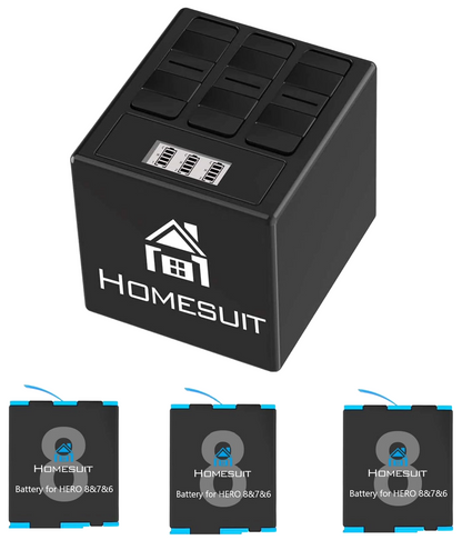 Set 3 acumulatori 1500 mAh pentru GoPro Hero 8, Hero 7, Hero 6 si statie de incarcare cu 3 sloturi, indicator LCD, cablu USB si port USB C, Compatibil cu GoPro Hero 8 Black, Hero 7 Black, Hero 6 Black