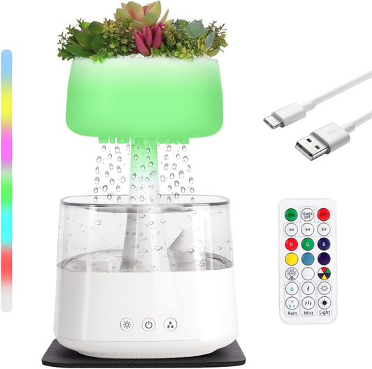 Difuzor Aroma Terapie si umidificator tip nor de ploaie cu telecomanda de uleiuri esentiale, 450 ml si 3 moduri de utilizare, temporizator, USB C, lampa LED, 7 culori, cu aspect de natura, alb