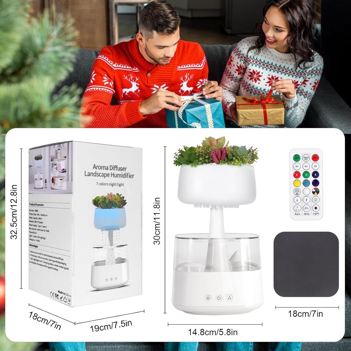 Difuzor Aroma Terapie si umidificator tip nor de ploaie cu telecomanda de uleiuri esentiale, 450 ml si 3 moduri de utilizare, temporizator, USB C, lampa LED, 7 culori, cu aspect de natura, alb