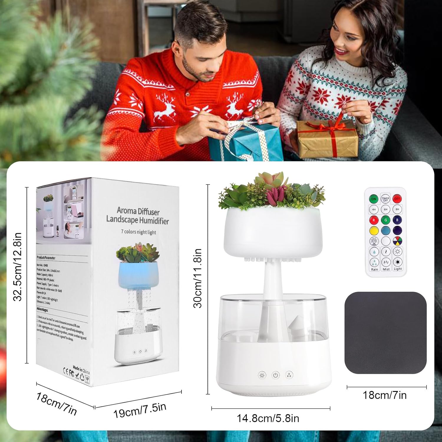 Difuzor Aroma Terapie si umidificator tip nor de ploaie cu telecomanda de uleiuri esentiale, 450 ml si 3 moduri de utilizare, temporizator, USB C, lampa LED, 7 culori, cu aspect de natura, alb