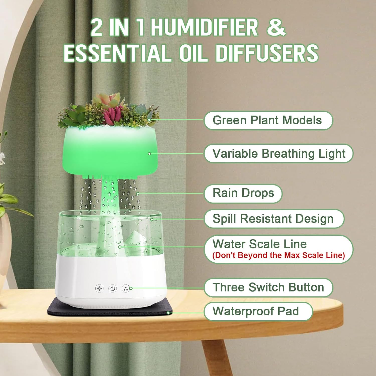 Difuzor Aroma Terapie si umidificator tip nor de ploaie cu telecomanda de uleiuri esentiale, 450 ml si 3 moduri de utilizare, temporizator, USB C, lampa LED, 7 culori, cu aspect de natura, alb