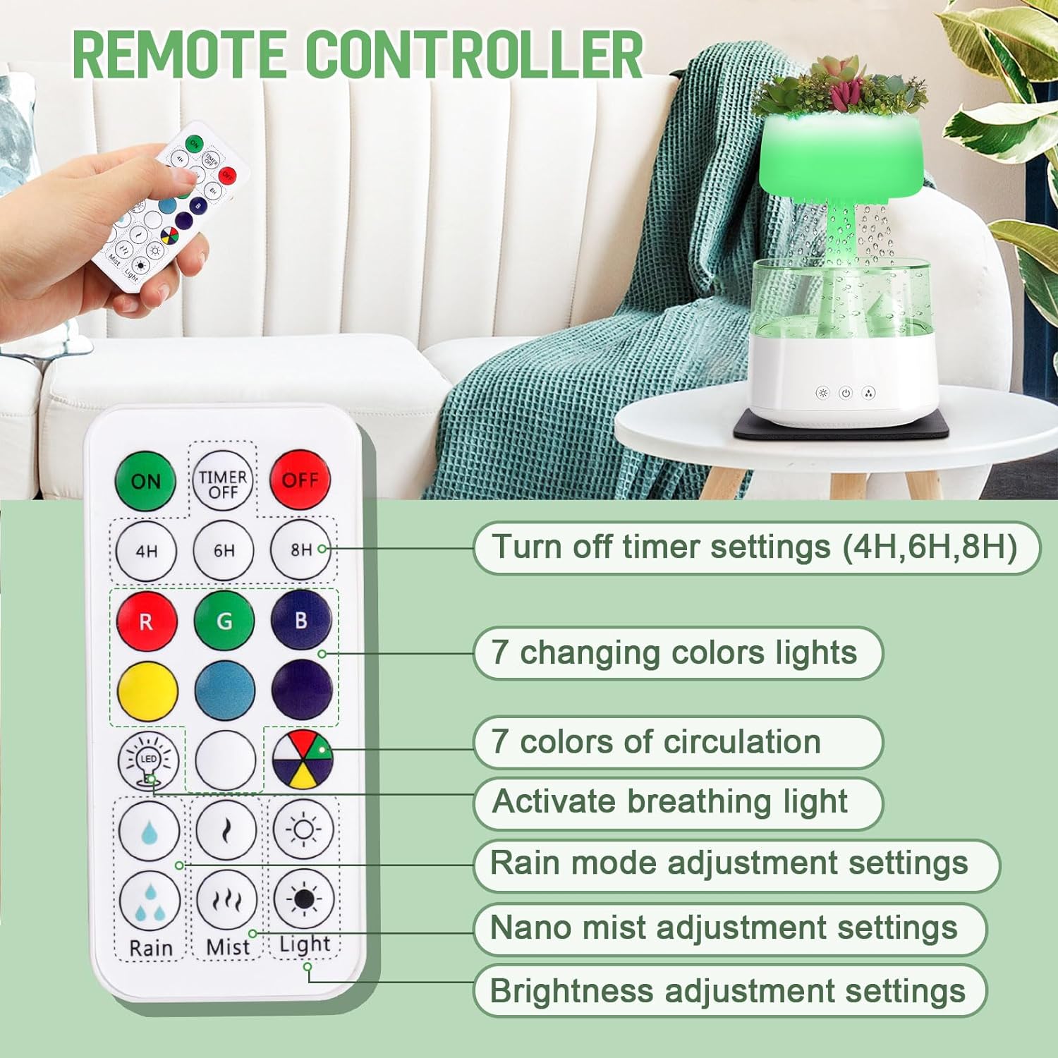 Difuzor Aroma Terapie si umidificator tip nor de ploaie cu telecomanda de uleiuri esentiale, 450 ml si 3 moduri de utilizare, temporizator, USB C, lampa LED, 7 culori, cu aspect de natura, alb