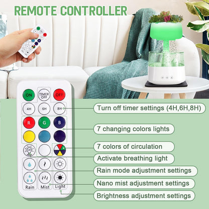 Difuzor Aroma Terapie si umidificator tip nor de ploaie cu telecomanda de uleiuri esentiale, 450 ml si 3 moduri de utilizare, temporizator, USB C, lampa LED, 7 culori, cu aspect de natura, alb