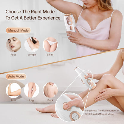Epilator laser IPL, cu 999.900 de impulsuri luminoase, 3 moduri functionale HR/SC/RA, 9 intensitati, rapid, regenerare piele si indepartare acnee, alb