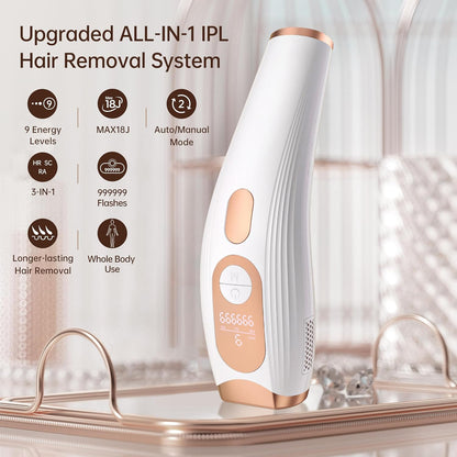 Epilator laser IPL, cu 999.900 de impulsuri luminoase, 3 moduri functionale HR/SC/RA, 9 intensitati, rapid, regenerare piele si indepartare acnee, alb
