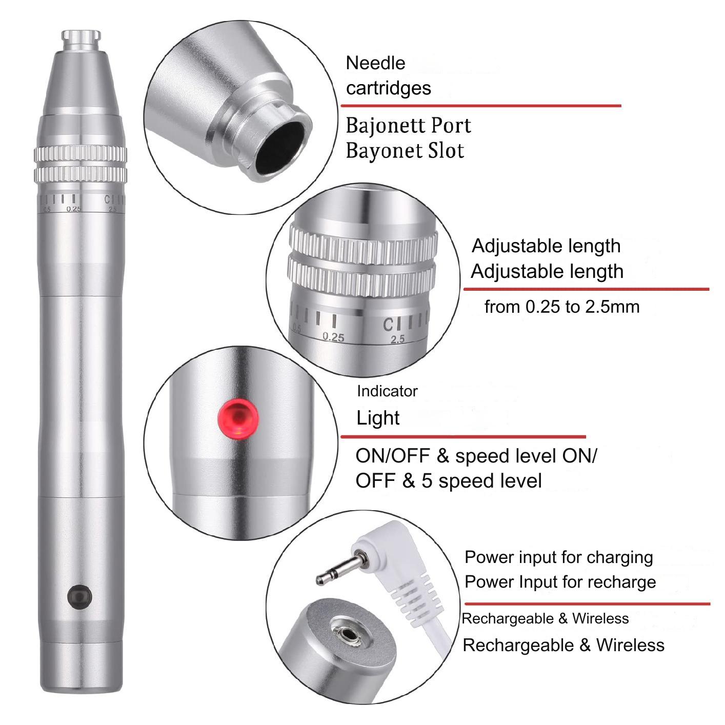 Aparat masaj facial tip stilou, dermapen, wireless, 12 capete rezerva cu 12 ace din titan, reglabil de la 0,25 la 2,5 mm, 5 trepte de intensitate, regenerarea pielii, argintiu