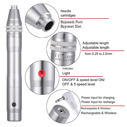 Aparat masaj facial tip stilou, dermapen, wireless, 12 capete rezerva cu 12 ace din titan, reglabil de la 0,25 la 2,5 mm, 5 trepte de intensitate, regenerarea pielii, argintiu