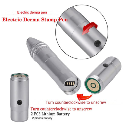 Aparat masaj facial tip stilou, dermapen, wireless, 12 capete rezerva cu 12 ace din titan, reglabil de la 0,25 la 2,5 mm, 5 trepte de intensitate, regenerarea pielii, argintiu