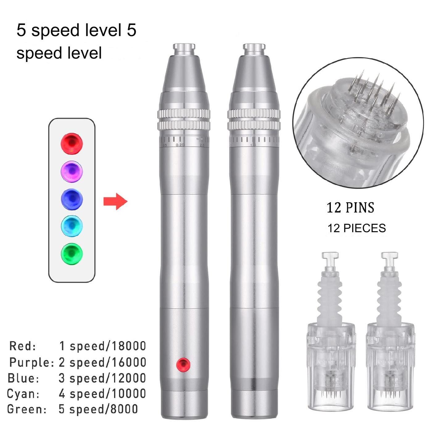 Aparat masaj facial tip stilou, dermapen, wireless, 12 capete rezerva cu 12 ace din titan, reglabil de la 0,25 la 2,5 mm, 5 trepte de intensitate, regenerarea pielii, argintiu