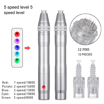 Aparat masaj facial tip stilou, dermapen, wireless, 12 capete rezerva cu 12 ace din titan, reglabil de la 0,25 la 2,5 mm, 5 trepte de intensitate, regenerarea pielii, argintiu