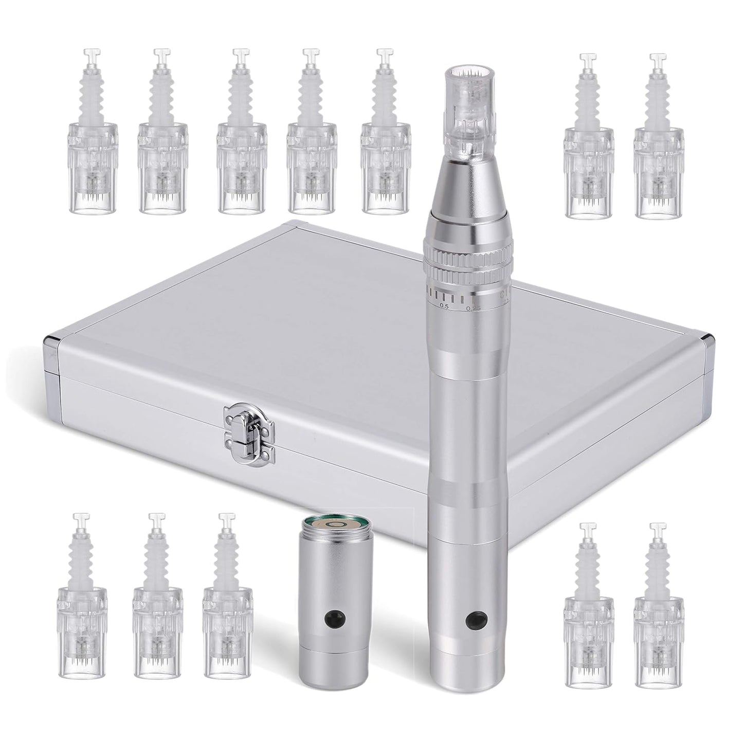 Aparat masaj facial tip stilou, dermapen, wireless, 12 capete rezerva cu 12 ace din titan, reglabil de la 0,25 la 2,5 mm, 5 trepte de intensitate, regenerarea pielii, argintiu