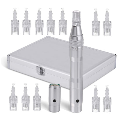 Aparat masaj facial tip stilou, dermapen, wireless, 12 capete rezerva cu 12 ace din titan, reglabil de la 0,25 la 2,5 mm, 5 trepte de intensitate, regenerarea pielii, argintiu