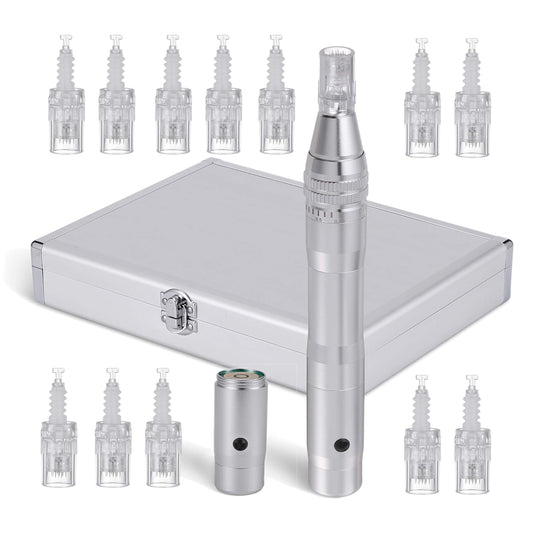 Aparat masaj facial tip stilou, dermapen, wireless, 12 capete rezerva cu 12 ace din titan, reglabil de la 0,25 la 2,5 mm, 5 trepte de intensitate, regenerarea pielii, argintiu