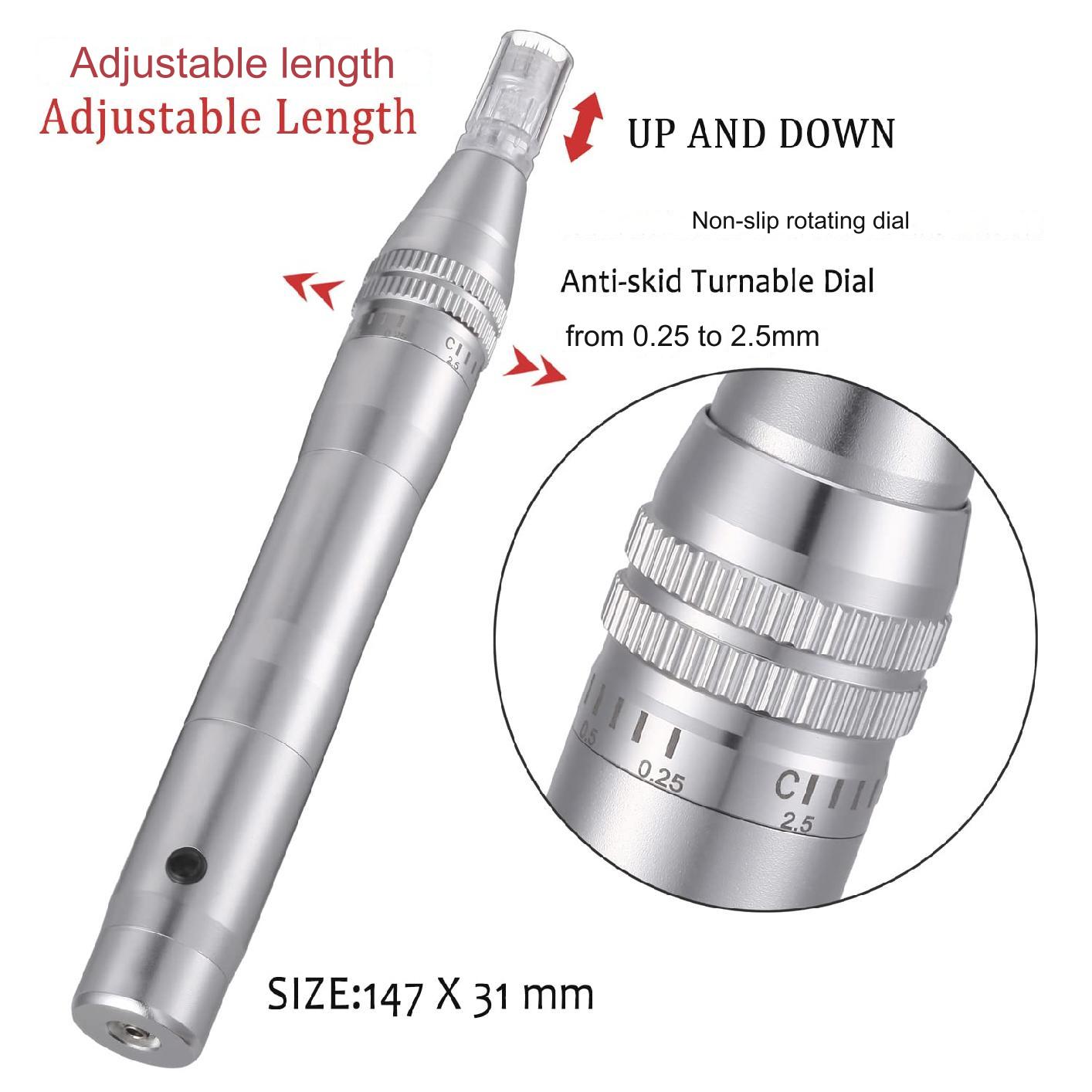 Aparat masaj facial tip stilou, dermapen, wireless, 12 capete rezerva cu 12 ace din titan, reglabil de la 0,25 la 2,5 mm, 5 trepte de intensitate, regenerarea pielii, argintiu
