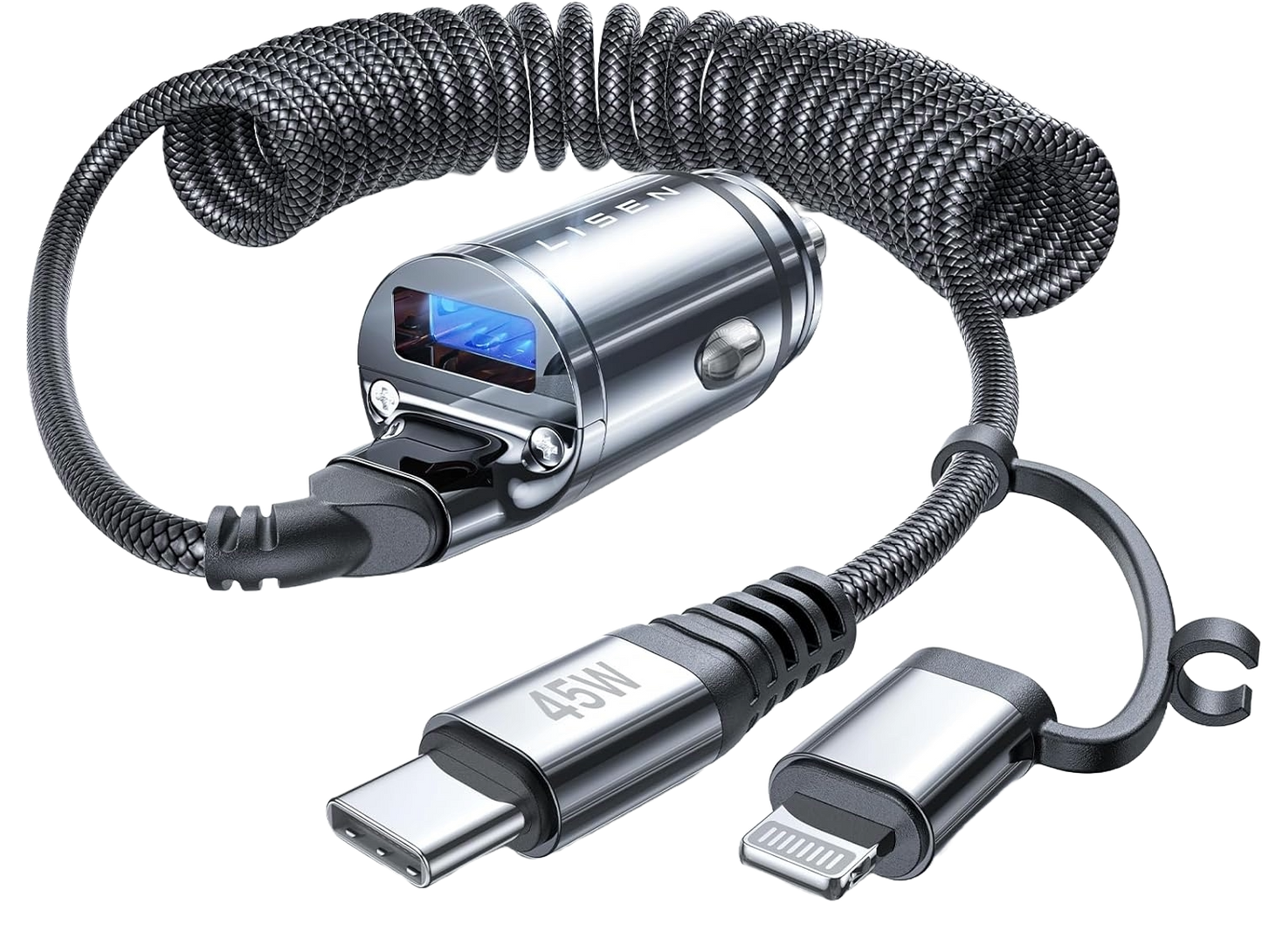 Incarcator auto fast charge 90W 12V~24V, PD&QC, cu 3 m cablu USB C si adaptor lightning integrat, pentru iPhone 15, Google Nexus, Samsung, pentru Android si IOS