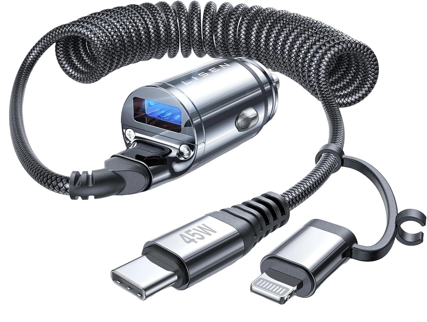 Incarcator auto fast charge 90W 12V~24V, PD&QC, cu 3 m cablu USB C si adaptor lightning integrat, pentru iPhone 15, Google Nexus, Samsung, pentru Android si IOS