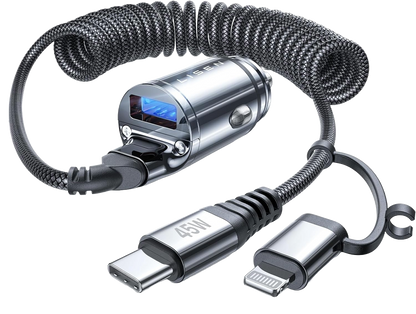 Incarcator auto fast charge 90W 12V~24V, PD&QC, cu 3 m cablu USB C si adaptor lightning integrat, pentru iPhone 15, Google Nexus, Samsung, pentru Android si IOS