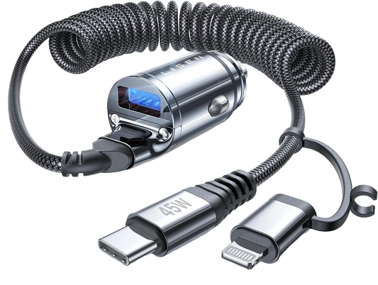 Incarcator auto fast charge 90W 12V~24V, PD&QC, cu 3 m cablu USB C si adaptor lightning integrat, pentru iPhone 15, Google Nexus, Samsung, pentru Android si IOS