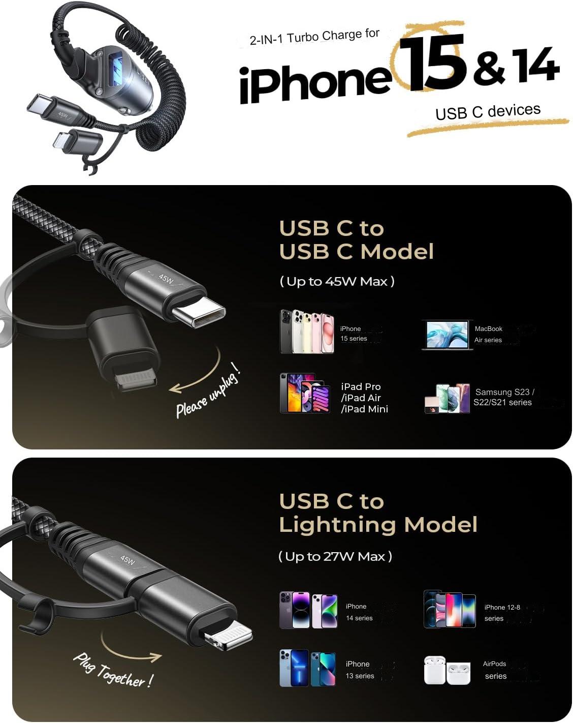 Incarcator auto fast charge 90W 12V~24V, PD&QC, cu 3 m cablu USB C si adaptor lightning integrat, pentru iPhone 15, Google Nexus, Samsung, pentru Android si IOS