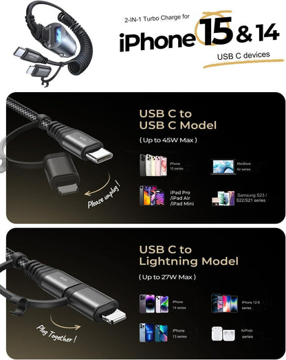 Incarcator auto fast charge 90W 12V~24V, PD&QC, cu 3 m cablu USB C si adaptor lightning integrat, pentru iPhone 15, Google Nexus, Samsung, pentru Android si IOS