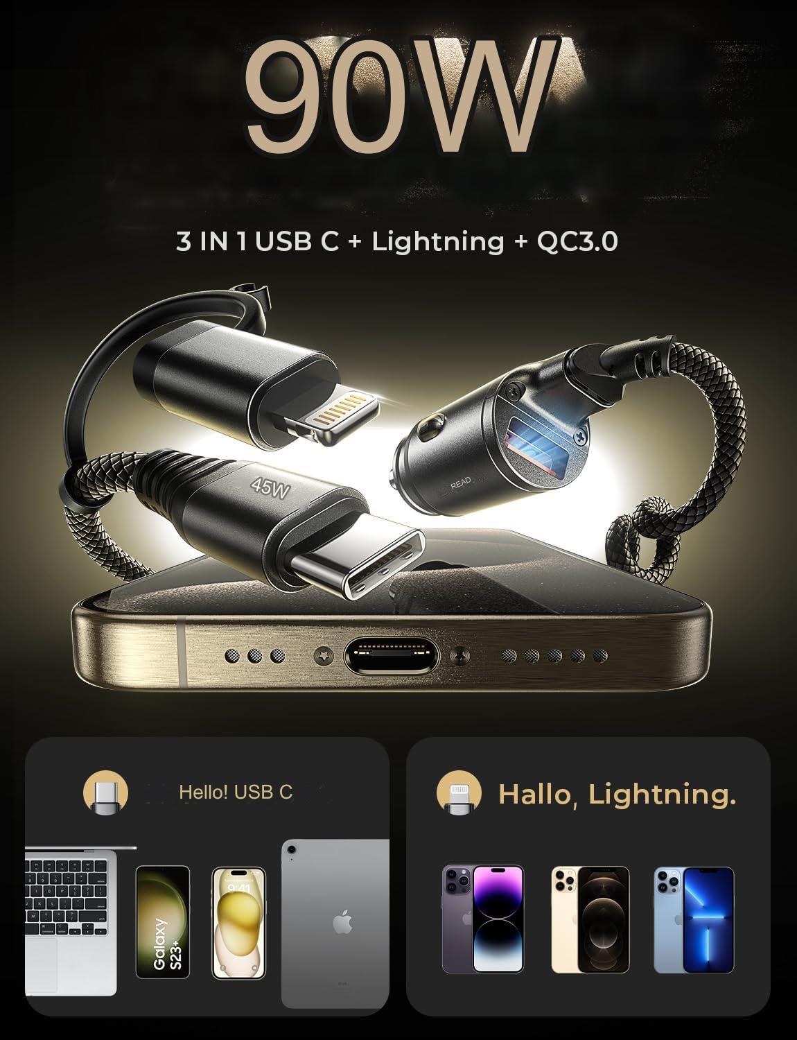 Incarcator auto fast charge 90W 12V~24V, PD&QC, cu 3 m cablu USB C si adaptor lightning integrat, pentru iPhone 15, Google Nexus, Samsung, pentru Android si IOS