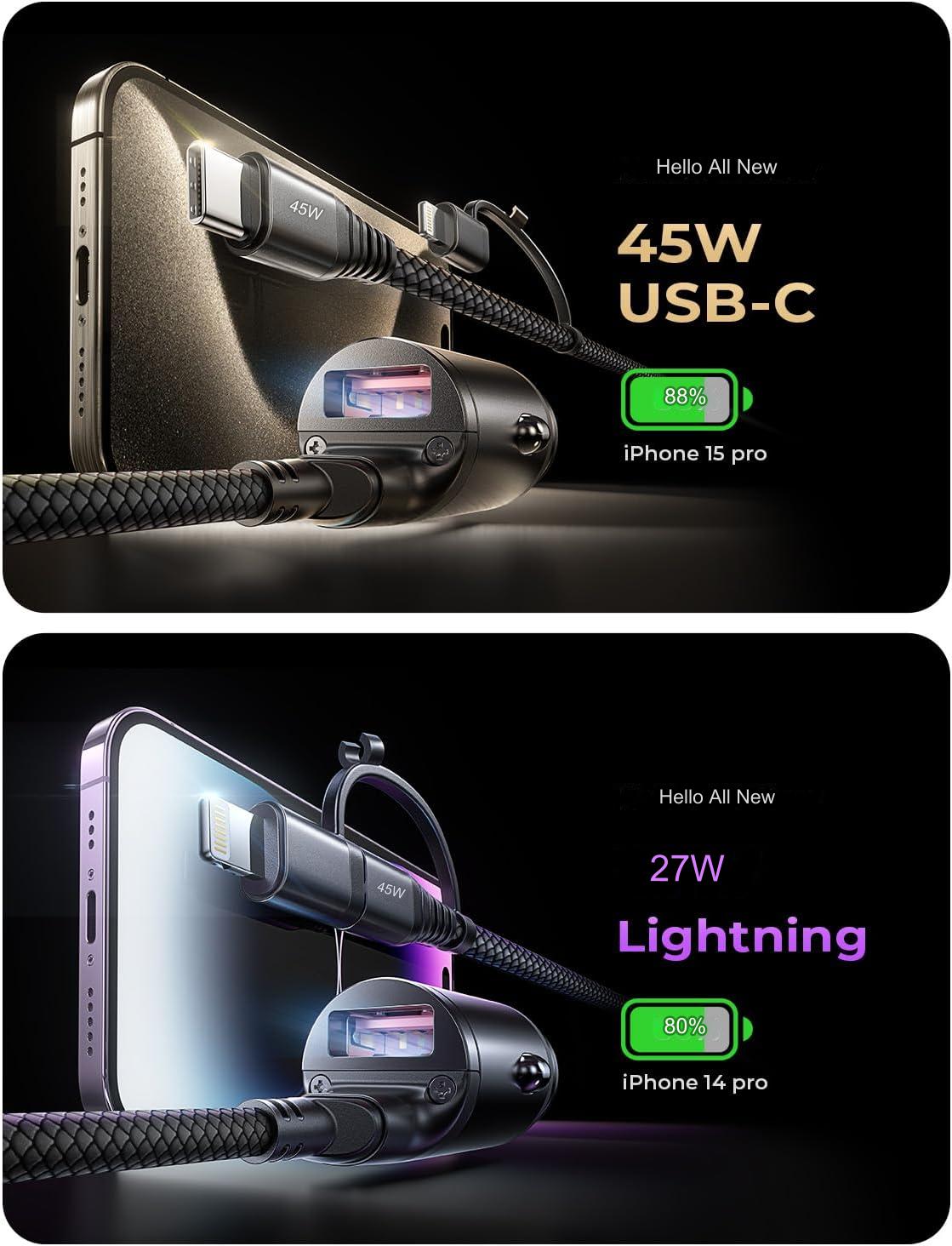 Incarcator auto fast charge 90W 12V~24V, PD&QC, cu 3 m cablu USB C si adaptor lightning integrat, pentru iPhone 15, Google Nexus, Samsung, pentru Android si IOS