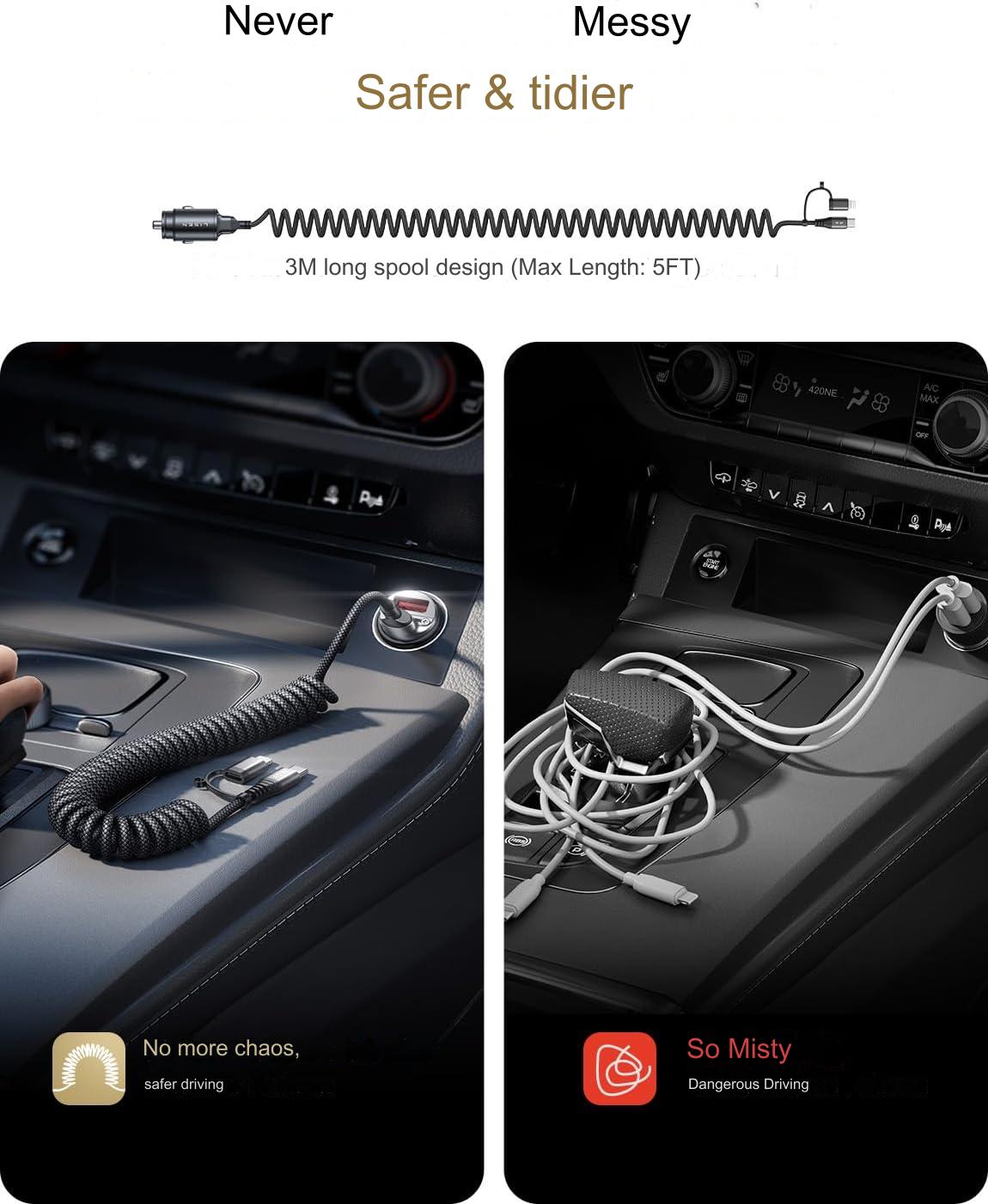 Incarcator auto fast charge 90W 12V~24V, PD&QC, cu 3 m cablu USB C si adaptor lightning integrat, pentru iPhone 15, Google Nexus, Samsung, pentru Android si IOS