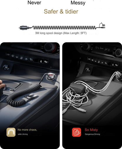 Incarcator auto fast charge 90W 12V~24V, PD&QC, cu 3 m cablu USB C si adaptor lightning integrat, pentru iPhone 15, Google Nexus, Samsung, pentru Android si IOS