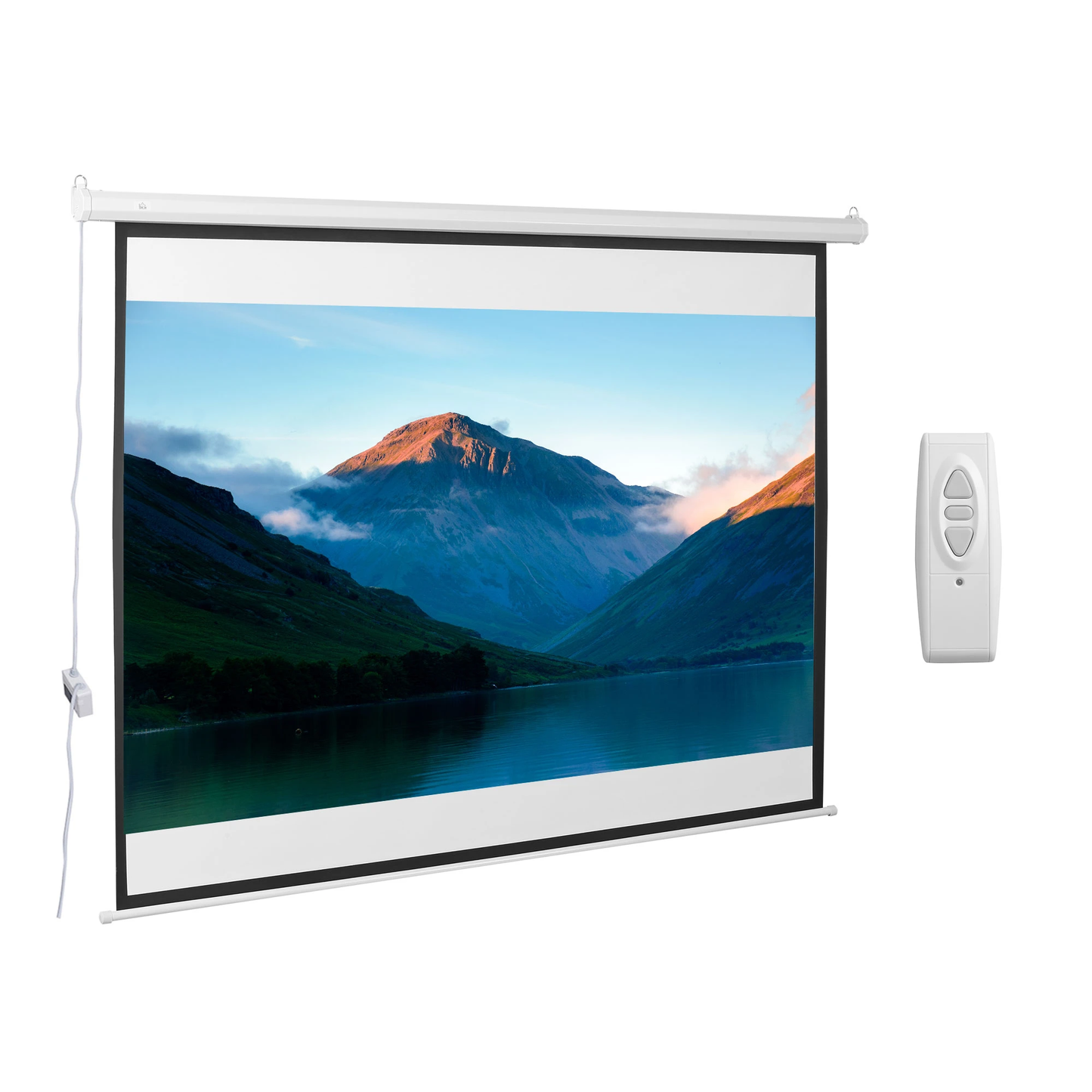 Ecran de proiectie 100 inch motorizat, cu telecomanda, prindere in perete sau tavan, 203 x 152 cm, alb