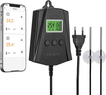 Priza smart cu termostat WiFi, pe 2 canale 250 W, control incalzire si racire, 2 covorase de incalzire, 2 sonde, cu display LCD, alarma de temperatura, plug and play, pentru sera, negru