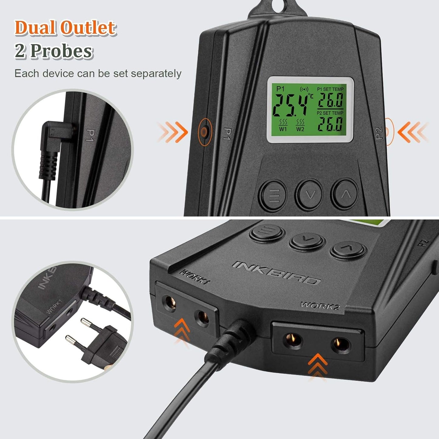 Priza smart cu termostat WiFi, pe 2 canale 250 W, control incalzire si racire, 2 covorase de incalzire, 2 sonde, cu display LCD, alarma de temperatura, plug and play, pentru sera, negru