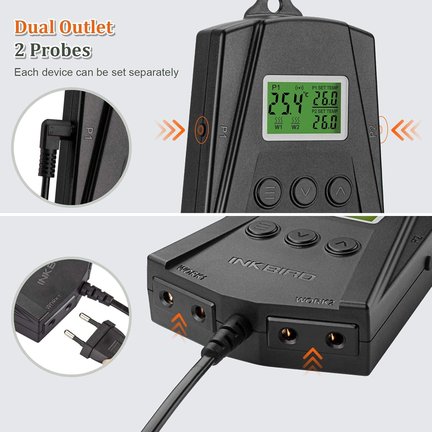 Priza smart cu termostat WiFi, pe 2 canale 250 W, control incalzire si racire, 2 covorase de incalzire, 2 sonde, cu display LCD, alarma de temperatura, plug and play, pentru sera, negru