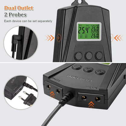 Priza smart cu termostat WiFi, pe 2 canale 250 W, control incalzire si racire, 2 covorase de incalzire, 2 sonde, cu display LCD, alarma de temperatura, plug and play, pentru sera, negru