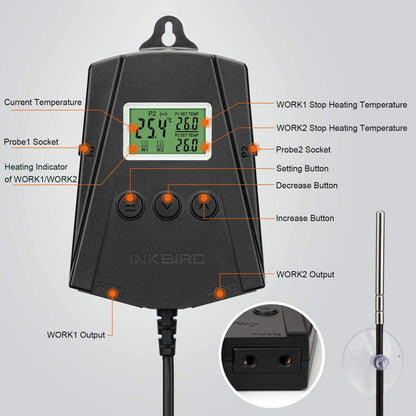 Priza smart cu termostat WiFi, pe 2 canale 250 W, control incalzire si racire, 2 covorase de incalzire, 2 sonde, cu display LCD, alarma de temperatura, plug and play, pentru sera, negru