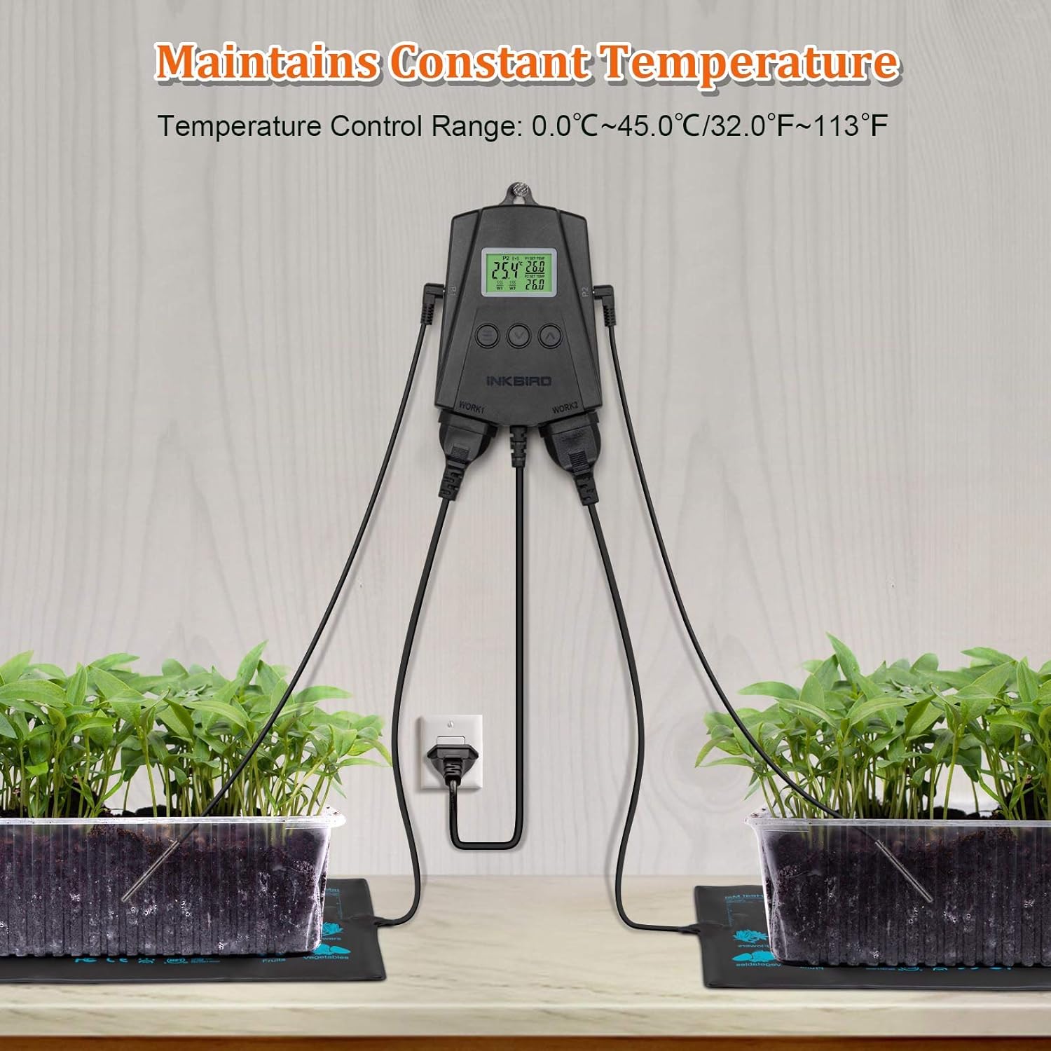 Priza smart cu termostat WiFi, pe 2 canale 250 W, control incalzire si racire, 2 covorase de incalzire, 2 sonde, cu display LCD, alarma de temperatura, plug and play, pentru sera, negru