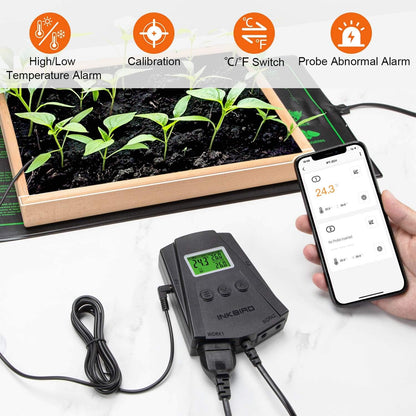 Priza smart cu termostat WiFi, pe 2 canale 250 W, control incalzire si racire, 2 covorase de incalzire, 2 sonde, cu display LCD, alarma de temperatura, plug and play, pentru sera, negru